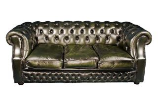   Vintage Antique Style Green Buttoned Leather Chesterfield Sofa