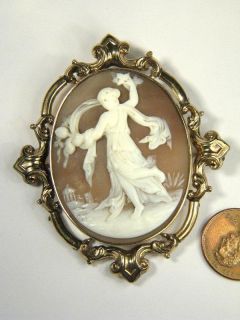 Antique 9K Gold Carved Shell Cameo Pin Brooch Dancing Muse Goddess 
