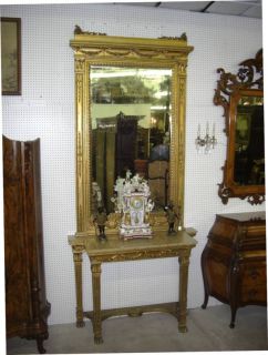 Antique French Gold Gilt Louis XVI Console Beveled Glass Mirror 10 ft 