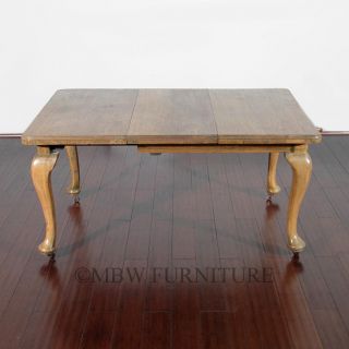 Antique English 5Ft Solid Oak Queen Anne Dining Table w/ Leaf & Crank 