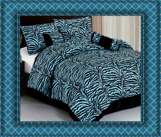 7pc Blue Zebra Animal Print Comforter Bedding Set King Bed in A Bag 