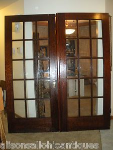 Antique French Doors Oak 1920s 15 Pane glass interior doors Wavy Glass 