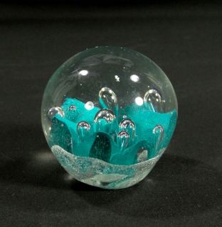 Vintage Italian Murano Blown Bubbles Aquamarine Glass Paperweight Ball 