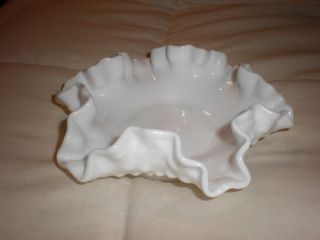 Vintage White Milk Glass Hobnail Ruffled Vase Bowl