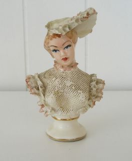 Vintage Dresden Lace Handpainted Porcelain Figurine Bust w/ Hat