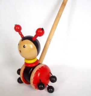 Vintage Pull Push Along Wooden Ladybug Toy