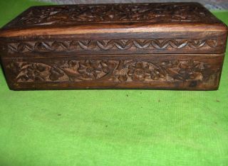 Vintage Hand Carved Teak Wood Trinket Jewelry Box Wood Hinged Lid Nice 
