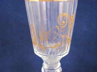 Antique Early 19thC Blown Glass Wine Flute Gilt Rim Handpaint Gold 