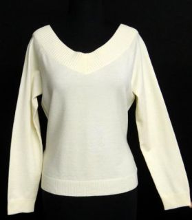 Ann Taylor Size L Ivory Merino Wool Poly Sweater LTWT Ribbed Trim 