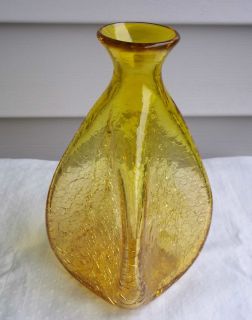 Vintage Blenko 4 Sided Crackle Glass 7 Tall Vase Yellow Topaz 533 