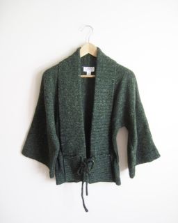 ANN TAYLOR LOFT Flecked Green Shawl Collar Kimono Sleeve Wool Sweater 