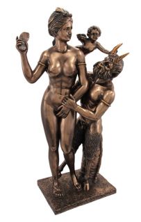 Bronzed Finish Pan and Aphrodite Statue Greek Mythology