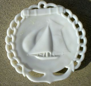 Old 1900s Schooner SHIP Milk Glass Plate Awesome
