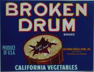 Broken Drum Vintage Vegetable Crate Label Salinas CA