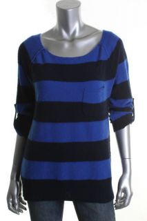 Aqua Blue Cashmere Striped Boat Neck Pocket Pullover Sweater M BHFO 