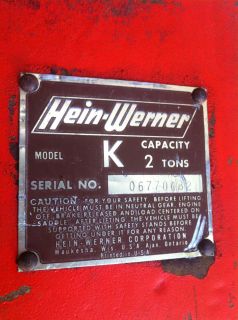 Hein Werner Model K 2 Ton Jack Capacity Excellent Clean Condition 