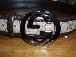 Authentic Gucci GG Canvas Leather Trim Beige Ebony Brown Belt Sz 34 