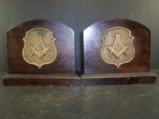 Antique Masonic Freemasonry Heavy Wooden Bookends, Brass/Bronze Shield 