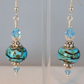 AQUA RONDELLE WITH GOLD SAND & STRIPES WITH SWAROVSKI CRYSTAL ELEMENTS 