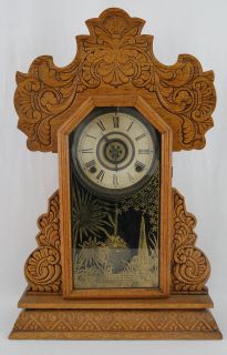 Estate Antique 19th C. Ingraham Oak Gingerbread Mantle Clock