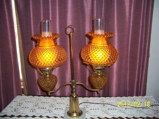 Vintage Brass 22 Fenton Student Lamp Hobnail Shades Fonts Amber Double 