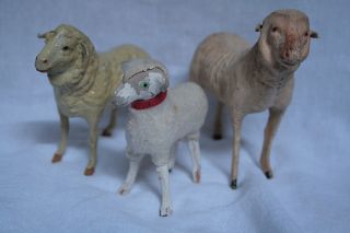 Lot 3 Antique Toy Sheep Composition Wood Fabric Nativity Farm