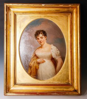 Antique French Empire Oil Painting Portrait A Woman Gilted Wood Frame 