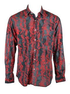 Arnold Zimberg Mens Black Red Floral Woven Long Sleeve Shirt M $185 