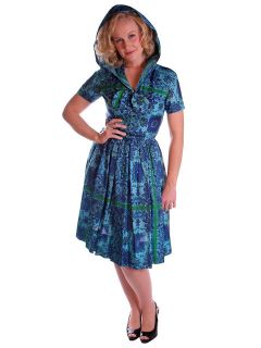   Silk Day Dress Blues Greens Print w Hood 1950s Arkay 36 26 Free
