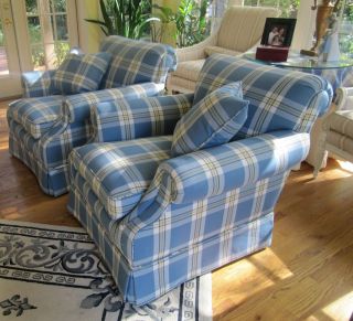 Ardmore Club Chairs (Pair) in Oversized Blue Plaid Woven Fabric   OK 