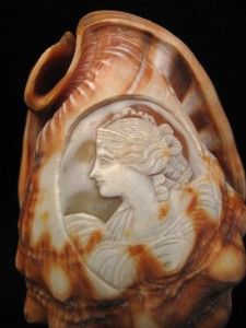   ANTIQUE HAND CARVED CONCH SHELL CAMEO GRECIAN MAIDEN MOON GODDESS #1