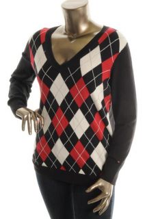 Tommy Hilfiger New Black Argyle V Neck Pullover Sweater Top XL BHFO 