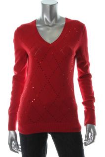   New Red V Neck Sequined Front Argyle Pullover Sweater XS BHFO
