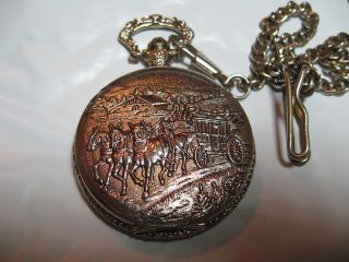 Riviera Silvertone Quartz Pocket Watch with Stagecoach Cover and Chain 
