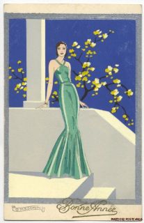 Meschini Lovely Woman Art Deco ARS Nova Pochoir ca1930 Happy New 