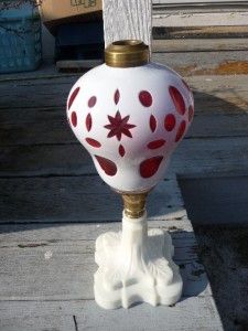 Antique Atterbury Glass White Cased Cut to Cranberry Kerosene Lamp 