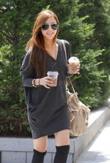 Women Ladies V Neck Gray Long Sleeve Crossover Tunic T Shirt Casual 