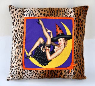 vintage HALLOWEEN PINUP GIRL & LEOPARD PRINT PILLOW witch psychobilly 