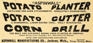 1892 Ad Aspinwall Potato Planter Cutter Corn Drill Farming Agriculture 