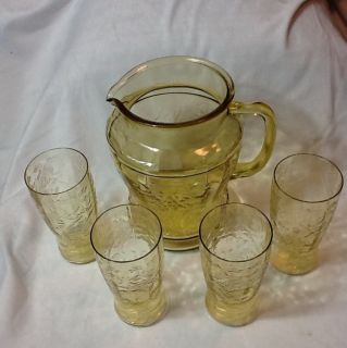 Madrid Amber Depression Glass Round Ice Tea Pitcher With 4 Matching 