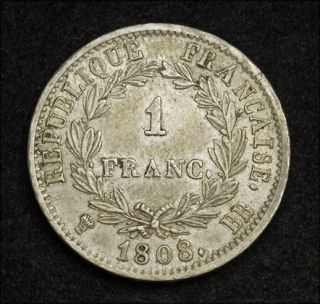 1808 BB, France, Napoleon Bonaparte (Emperor). Silver 1 Franc Coin 