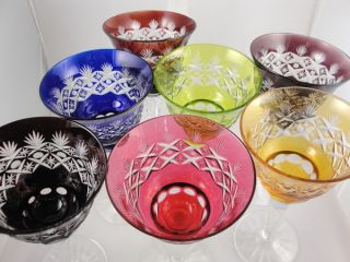 Vintage Lot of 7 Color Cut Crystal Wine Goblet Glasses