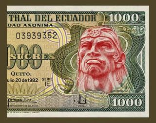 1000 Sucres Banknote of Ecuador 1982 Inca Warrior Rumiñahui Pick 120 