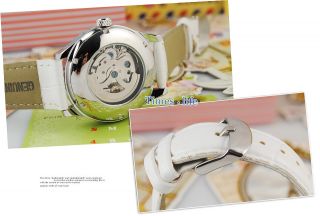   White Skeleton Heart Dial Automatic Watch Women Lady Leather