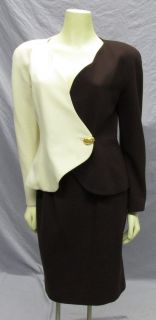 Vtg 80s Cream Brown Colorblock Avant Garde Wool Jacket Skirt Suit 