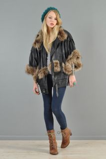 Vtg 80s Raccoon Fur Leather Avant Garde Kimono Drape Biker Vest Jacket 