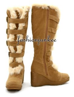 Camel Shearling Buckle Boots Fur Faux Suede Wedge Platform Shoes New 