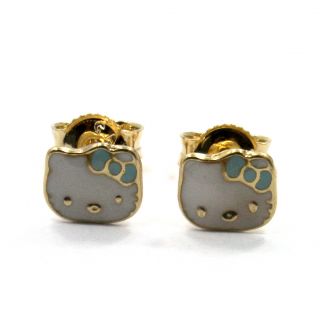 Gold 18K GF Earrings Small Baby Blue Hello Kitty Enamel Girl Infants 