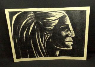 1971 Modernist Avantgarde Girl Head Profile Portrait Drawing Linocut 
