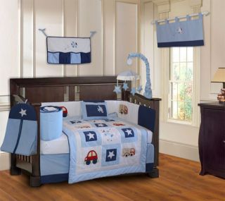 This bedding design combines white, baby blue and dark blue trim and 